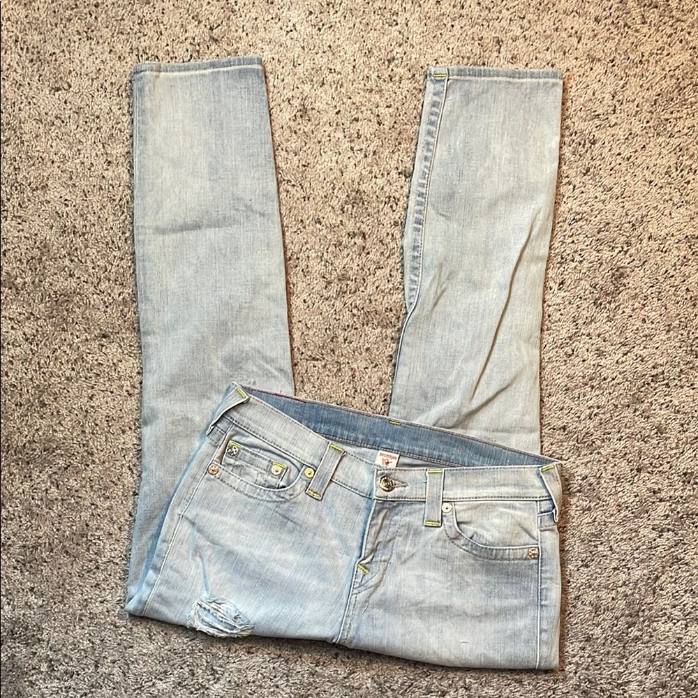 True Religion Woman’s Light Wash Distressed Straight Leg Jean Size 28